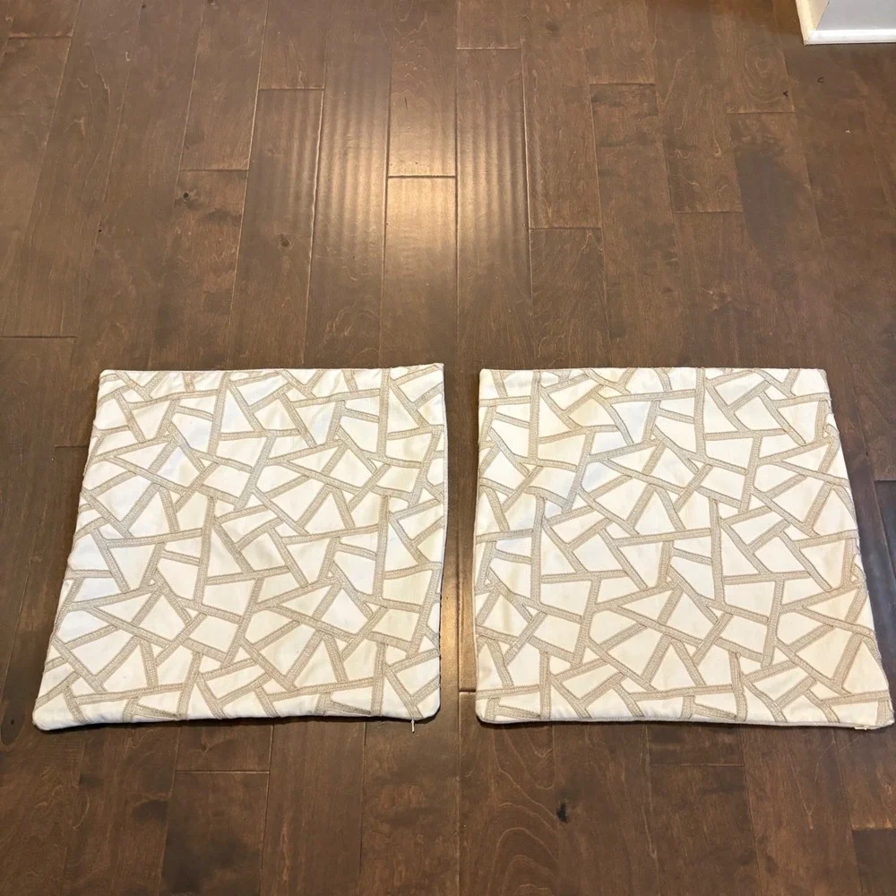 Set 2 Thom Filicia Pillow‎ Covers 21x21 Cream Tan Geometric Textured Embroidered